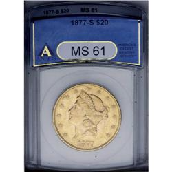 1877-S $20 MS61 ANACS. Bright peach-gold surfaces exhi