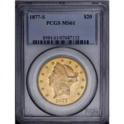 1877-S $20 MS61 PCGS. Peach-gold surfaces display stro