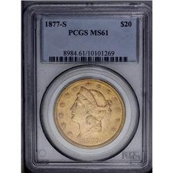 1877-S $20 MS61 PCGS. Sharply struck, with honey-gold