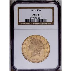 1878 $20 AU58 NGC. A semi-prooflike double eagle that