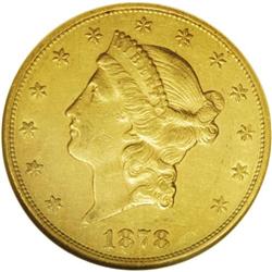 1878-CC $20 AU53 NGC. Variety 1-A. The dies utilized o