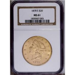 1878-S $20 MS61 NGC. This lustrous Type Three twenty h