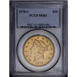 1878-S $20 MS61 PCGS. Occasional disruption of the lus