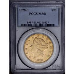 1878-S $20 MS61 PCGS. Sharply impressed motifs stand o