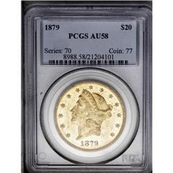 1879 $20 AU58 PCGS.From The Steve Glenn Collection.