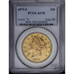 1879-S $20 AU58 PCGS.From The Steve Glenn Collection.