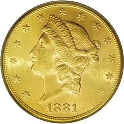 1881-S $20 MS62 PCGS. Less available than the 1880-S,