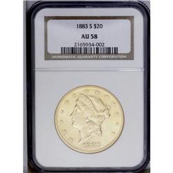 1883-S $20 AU58 NGC. Brassy-gold surfaces display cons
