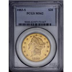 1883-S $20 MS62 PCGS. Bright apricot-gold surfaces dis