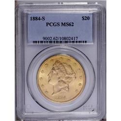 1884-S $20 MS62 PCGS. Lustrous peach-gold surfaces dis