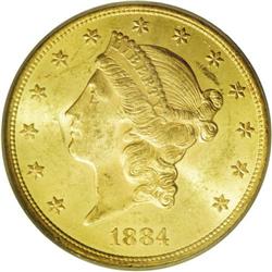 1884-S $20 MS63 PCGS. Well frosted with pale orange ac