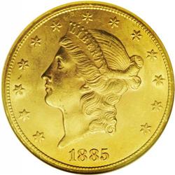 1885-CC $20 AU58 NGC. Fully lustrous with deep orange-