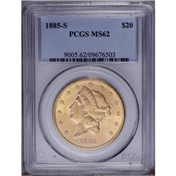 1885-S $20 MS62 PCGS. Lustrous peach-gold surfaces dis