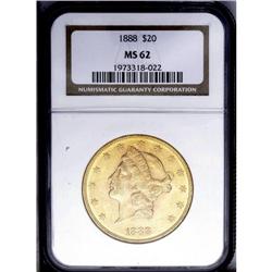 1888 $20 MS62 NGC. Orange-gold surfaces are imbued wit