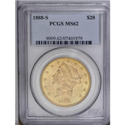 1888-S $20 MS62 PCGS. Richly tinted in orange and oliv