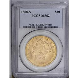 1888-S $20 MS62 PCGS. Attractive tan-gold and greenish