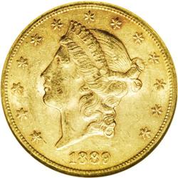 1889-CC $20 AU58 NGC. The largely copper-gold surfaces