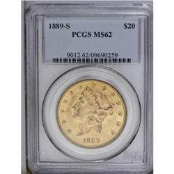 1889-S $20 MS62 PCGS. Highly lustrous and well struck