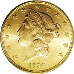 1890-S $20 MS63 PCGS. A Select, satiny-textured exampl