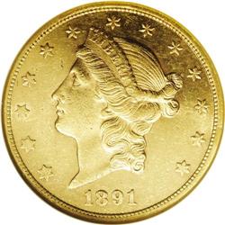 1891-CC $20 AU53 NGC. A prooflike AU example with love