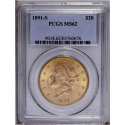 1891-S $20 MS62 PCGS. This Mint State example shows mi