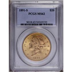 1891-S $20 MS62 PCGS. Lovely mint-green and pink-rose