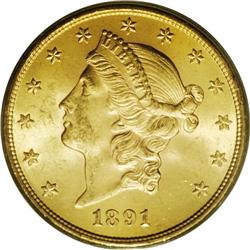 1891-S $20 MS63 PCGS. Frosty and fully lustrous with r
