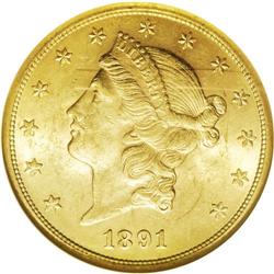 1891-S $20 MS63 NGC. A common S-mint twenty Lib and us