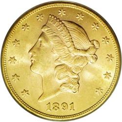 1891-S $20 MS63 PCGS. The obverse of this normally hea