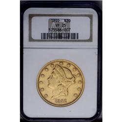 1892 $20 VF25 NGC.From The Steve Glenn Collection.