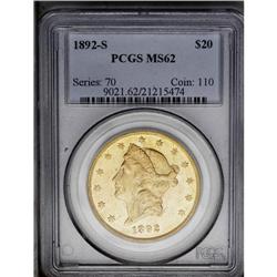 1892-S $20 MS62 PCGS.From The Steve Glenn Collection.