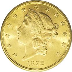 1892-S $20 MS63 PCGS. A well struck and pleasing examp