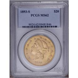 1893-S $20 MS62 PCGS. Modest brightness is seen in the