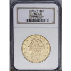 1893-S $20 MS62 NGC. A boldly defined S-mint Liberty t