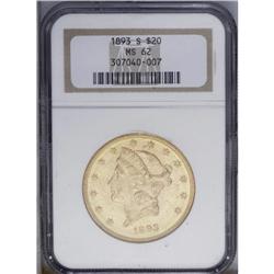 1893-S $20 MS62 NGC. Peach hues dominate the recesses