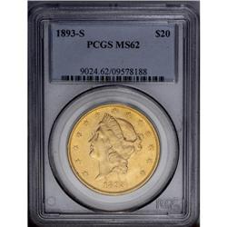 1893-S $20 MS62 PCGS. Bright surfaces yield peach-gold