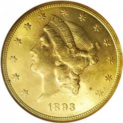 1893-S $20 MS63 NGC. Pretty green-gold color with a mo