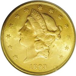 1893-S $20 MS63 PCGS. Delicate coppery-gold patina occ