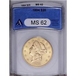 1894 $20 MS62 ANACS. Well struck, with bright honey-go