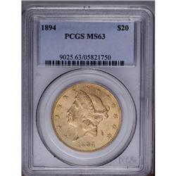 1894 $20 MS63 PCGS. Satiny and highly lustrous with cr