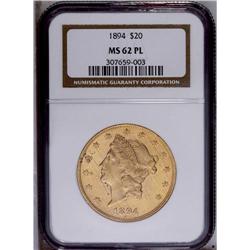 1894 $20 MS62 Prooflike NGC. The apricot-gold fields a