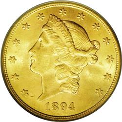 1894-S $20 MS64 PCGS. Bright and satiny, with rose-gol