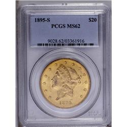 1895-S $20 MS62 PCGS. Lemon and green-gold blend throu