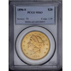 1896-S $20 MS63 PCGS. Mint-green, steel-gray, and brig