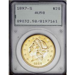 1897-S $20 AU58 PCGS. Dazzling luster and bright apric