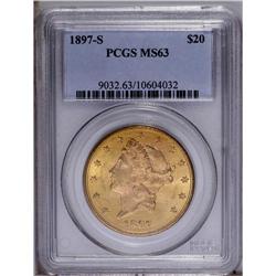1897-S $20 MS63 PCGS. Honey-gold patina overlays soft