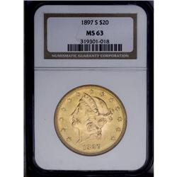 1897-S $20 MS63 NGC. Pleasing apricot-gold patina runs
