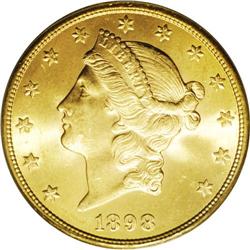 1898-S $20 MS64 PCGS. A bright lemon-gold near-Gem, fi