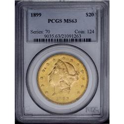 1899 $20 MS63 PCGS. Sharply struck with peach-gold lus