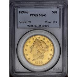 1899-S $20 MS63 PCGS. Apricot-gold surfaces display li